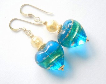 Murano Glass earrings with turquoise blue and gold Murano glass heart beads and gold fill ear wires.