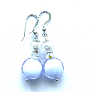 Murano glass earrings with pale lilac Murano glass lentil beads Swarovski crystal and sterling silver.