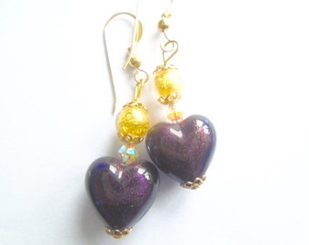 Murano glass earrings with purple and gold Murano glass beads Swarovski crystal and gold filled ear wires.