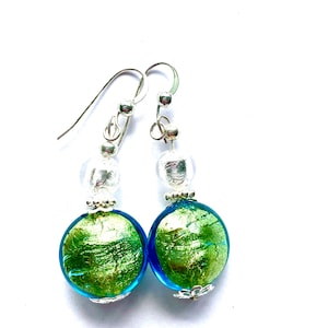 Murano Glass earrings with green and silver Murano Glass beads and sterling silver.