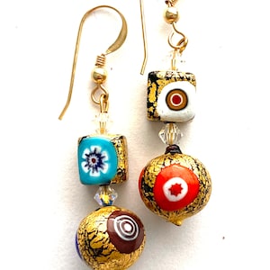 Murano glass earrings with gold decorated Murano glass beads Swarovski and gold filled ear wires.