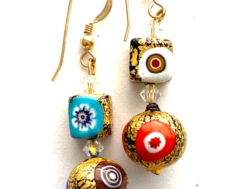 Murano glass earrings with gold decorated Murano glass beads Swarovski and gold filled ear wires.