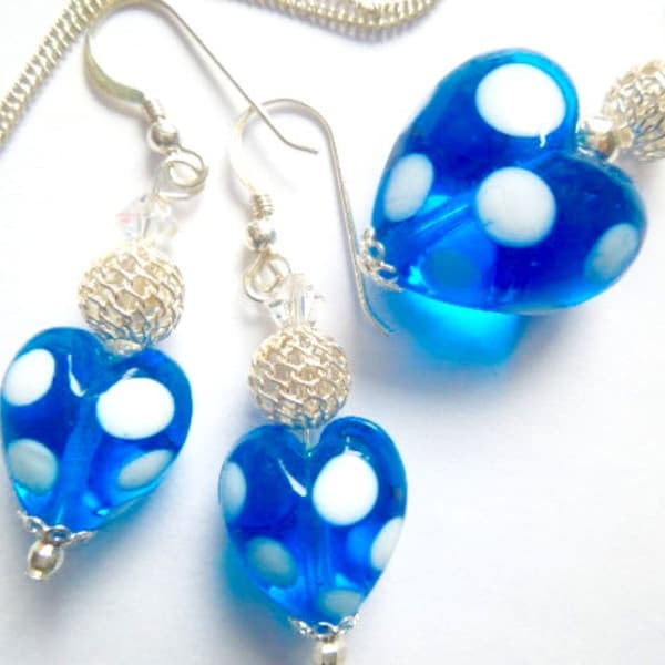 Murano Glass Heart Pendant and Earrings Set, Blue White Polka Dot, Sterling Silver
