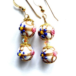 Murano glass earrings with white wedding cake Murano glass beads with Swarovski crystal and gold filled wires.