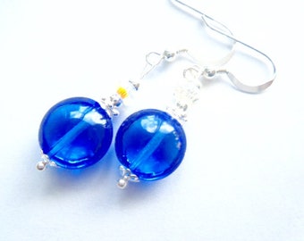 Murano glass earrings with blue Murano lentil beads Swarovski crystal and sterling silver.