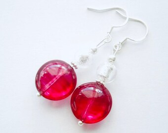 Murano glass earrings with red Murano glass lentil beads and sterling silver.