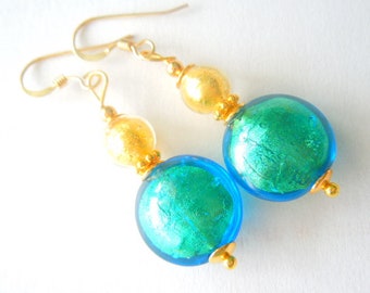 Murano glass earrings with Murano glass kingfisher green and gold beads and gold filled earwires.