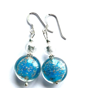 Murano glass earrings with blue and ginger Murano glass lentil beads with sterling silver ear wires.
