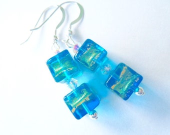 Murano glass earrings with turquoise and gold Murano cube beads Swarovski crystal and sterling silver.