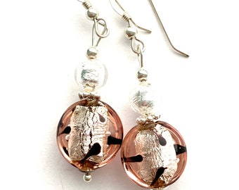Murano glass earrings with pink and black Murano Glass lentil beads Swarovski and sterling silver.