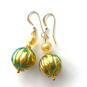 Murano glass earrings with green and gold Murano glass beads with gold filled earwires.