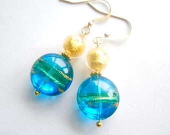 Murano glass earrings with  turquoise blue and gold lentil Murano glass beads and gold filled wires.