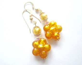 Murano glass earrings with gold Murano Glass flower beads Swarovski crystal and gold filled ear wires.