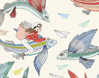 limited edition print ,flying fishes, wall art,children decoration,art print, 30x40cm