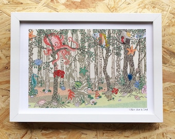 feuille d'illustration en édition limitée, La forêt marine (format A4), illustration forestière, arbres, feuille décorative, art surréaliste