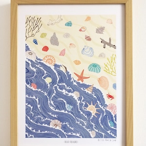 limited edition print illustration drawing &quot;beach treasures&quot;, beach print, nature print, wallart,deco print, ocean