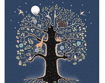 Puede incluir: Una ilustración estilizada de un árbol de la vida con un fondo azul oscuro. El árbol tiene un tronco grueso y ramas con hojas y flores. Las raíces del árbol se extienden hasta el agua, donde hay peces y una tortuga. El árbol está rodeado de estrellas y una luna llena. El texto "EL ARBOL DE LA VIDA" está en la parte inferior de la imagen.