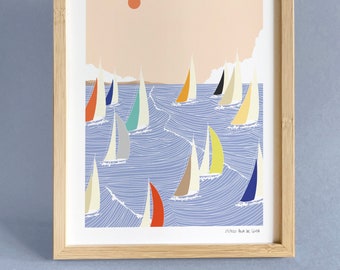 limited edition print, marine illustration, drawing "Sailing", size A4, wall art, art decorative