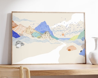 canvas wall art, mountains reflection, cream,cotton canvas  print,reflection art print, landscape illustration