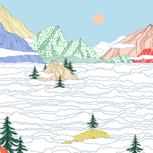ilustración dibujo impresión edición limitada "DIA DE NIEBLA", lamina ilustración paisaje, lamina decorativa,ilustración paisaje montañas,A4