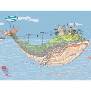 sleepy whale, children illustration, decoration, whales, whale poster, whale art, whale decor, animal decor, wall art, marine poster