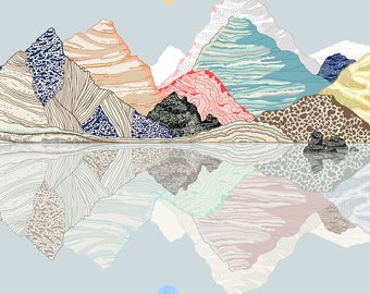 limited edition print, wall art, mountains landscape, nature illustration, MOUNTAINS REFLECTION BLUE, size A4