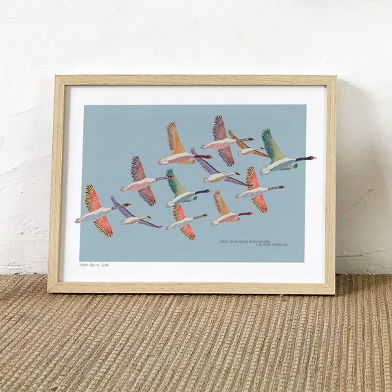 Lamina de pajaros en vuelo - ilustracion minimalista Azul y beige - Arte de naturaleza zen - decoracion Edicion limitada Giclee Ana de Lima