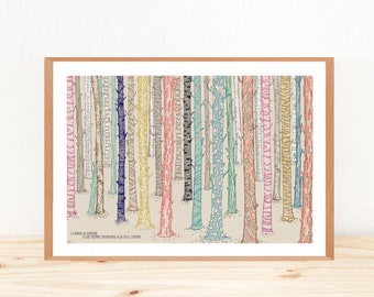 naif &quot;naive&quot; inspired illustration, limited edition print, FOREST, trees illustration, nature