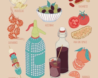 print edición limitada ,la HORA DEL VERMUT, arte decorativo, ilustración para cocina, lámina decorativa, 30x40cm