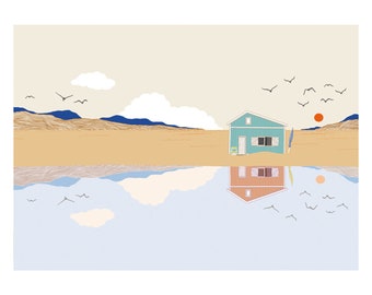 limited edition print illustration drawing "Beach house", landscape, beach illustration