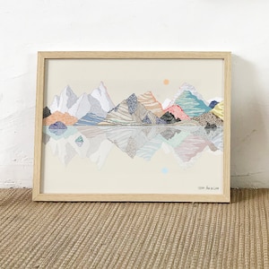 print edición limitada,ilustración montañas,reflejo montañas (cielo crudo), arte decoración, tamaño 30x40cm, ilustración paisaje