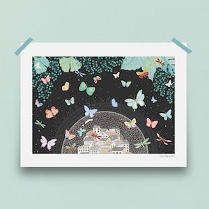 limited edition print, butterfly city, A4 size, wall art, artistic illustration, illustration decorative