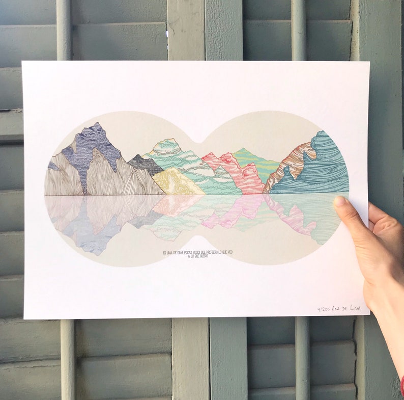 mountains illustration, limited edition print blue sky image 4