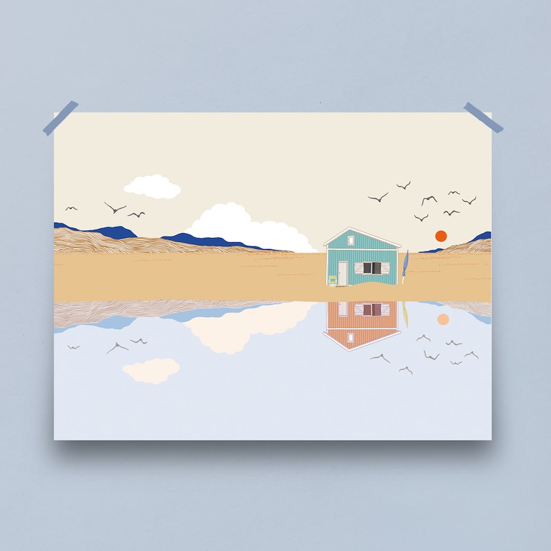 canvas wall art ,BEACH HOUSE, art print, cotton canvas print, landscape illustration image 1