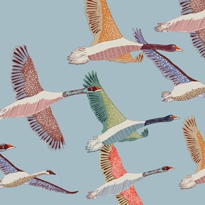 May include: A pattern of colorful geese flying in formation against a light blue background. The geese are drawn in a stylized, graphic style with intricate details and patterns.
