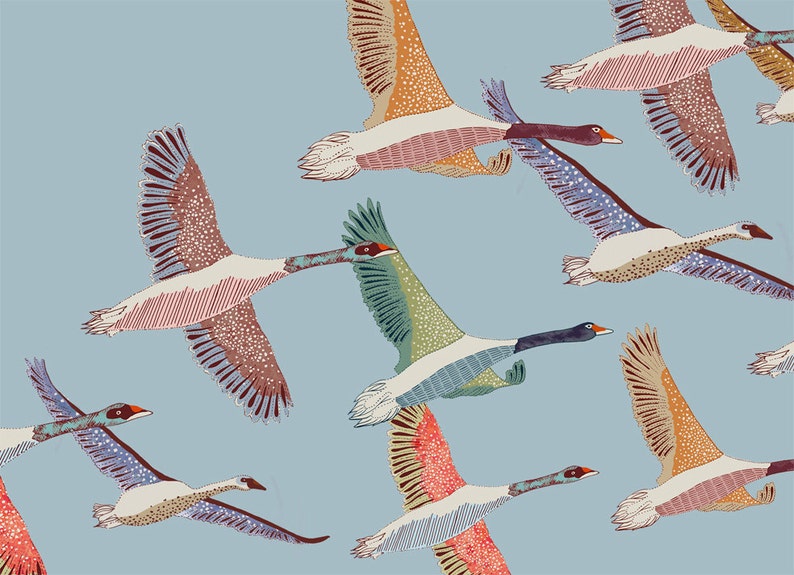 May include: A pattern of colorful geese flying in formation against a light blue background. The geese are drawn in a stylized, graphic style with intricate details and patterns.
