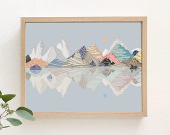 mountains illustration, limited edition print (blue) 30x40cm