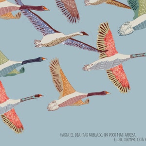 May include: A colorful illustration of geese flying in a blue sky. The geese are drawn in a stylized, almost geometric, manner with intricate patterns and details. The text "HASTA EL DIA MAS NUBLADO, UN POCO MAS ARRIBA EL SOL SIEMPRE ESTA BRILLANDO" is at the bottom of the image.