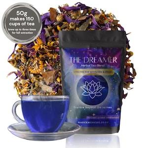 May include: A black pouch of "The Dreamer" herbal tea blend with a blue and purple design, a cup of blue tea, and loose tea leaves. The text on the pouch says "Effective for Meditation & Dreams" and "Explore beyond the senses". The tea is 50g and makes 150 cups.