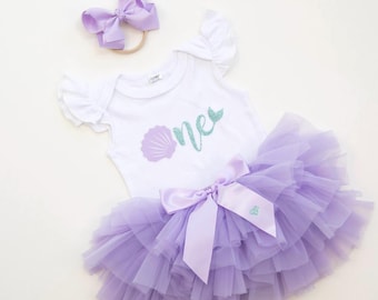 Mermaid First Birthday Outfit, Glitter Bodysuit, Tulle Tutu, Headband Set