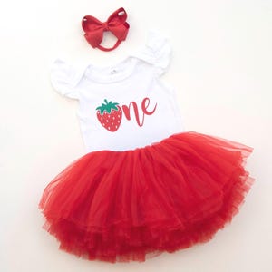 Berry First Birthday Outfit Girl: Strawberry Tutu, Bodysuit & Headband