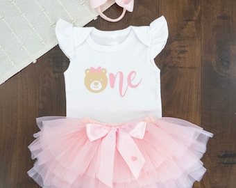 Bear 1st Birthday Outfit Girl: Tutu Set, Bodysuit & Headband