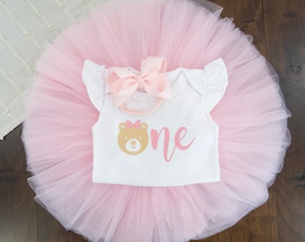 Bear 1st Birthday Outfit Girl: Pink Tutu Set with Headband