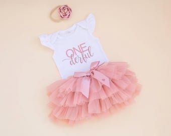Onederful 1st Birthday Outfit Girl: Rose Gold Tutu Set