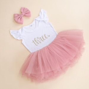 3rd Birthday Outfit Girl, Toddler Birthday Outfit Girl, 3rd birthday tutu, three, dusty rose pink, mauve