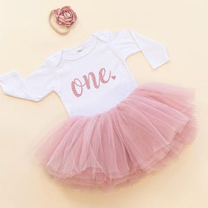 First Birthday Outfit Girl: Rose Gold Glitter Bodysuit, Pink Tutu, Headband