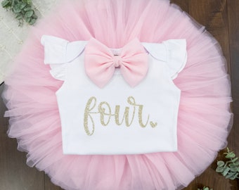 4th Birthday Outfit Girl, Toddler Birthday Outfit Girl, 4th birthday tutu, four, light pink, pale pink