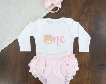 Bear 1st Birthday Outfit Girl: Tutu Bloomer Set
