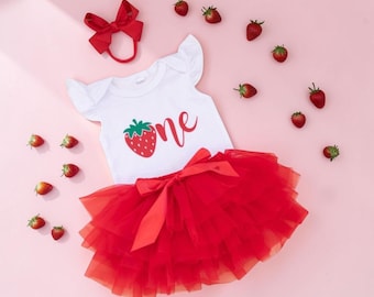 Berry First Birthday Outfit Girl, Strawberry Birthday Tutu, Bodysuit, Headband