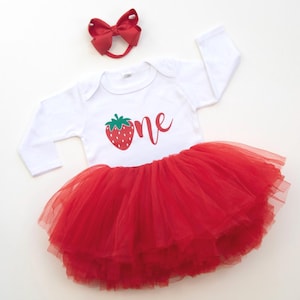 Berry First Birthday Outfit: Strawberry Tutu, Bodysuit & Headband